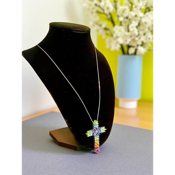 D'Joy Sterling Silver Multi Gemstone Cross Pendant-20'' Italy Chain-Rainbow-Bold - Picture 6 of 10